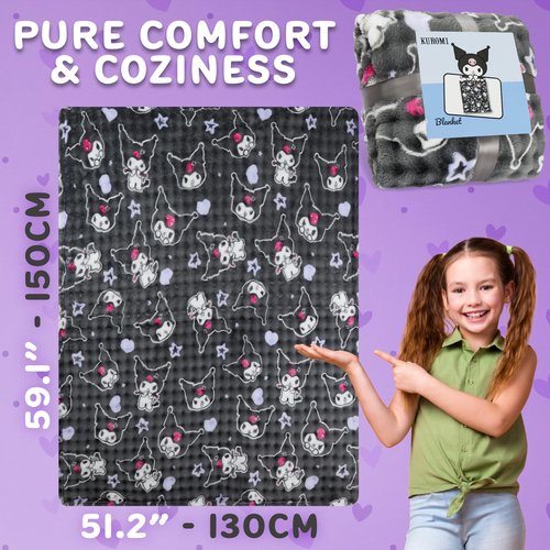 Get Trend Hello Kitty Sanrio Waffle Blanket for Girls, Teens, Women, 51 x 59 in, Kuromi Throw Blanket, Throw for Bed, Room Decor, Kawaii Gifts for Her (Grey Kuromi)