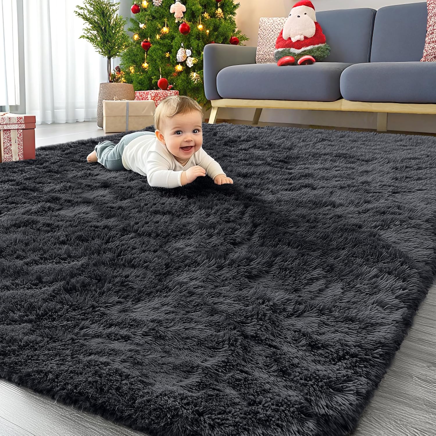 OLANLY Large Area Rug - Soft Fluffy Shaggy Carpet for Living Room & Bedroom | Machine Washable, Black