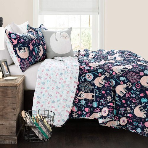 Lush Decor Hygge Sloth Quilt Set, Twin, Navy