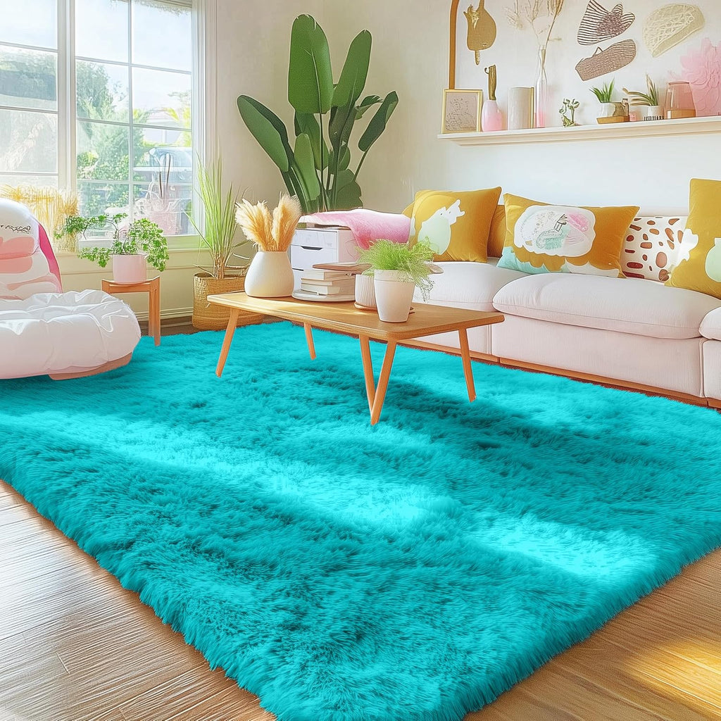 OLANLY Area Rug - Soft Fluffy Shaggy Carpet for Living Room & Bedroom - Machine Washable 4x5.9 ft, Teal Blue
