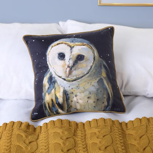 Primitives by Kathy Decorative Throw Pillow with Removable Cover, displaying a Moody barn owl and Night Sky Design with Coordinating Black Velvet on The Back and Gold Piping Trim