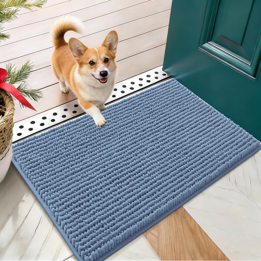 OLANLY Dog Door Mat - Ultra Absorbent Chenille Mud Doormat | Non-Slip, Washable, 24x16, Airy Blue