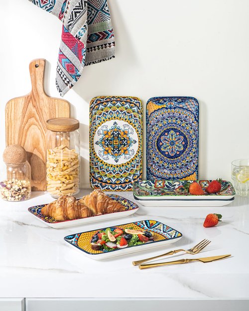 HENXFEN LEAD Boho Ceramic Dinner Plates 10 Inch – Large Rectangular Serving Plates Set of 6 for Salad, Sushi & Main Dishes, Microwave & Dishwasher Safe