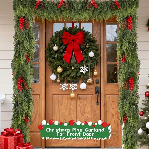 9FT Prelit Christmas Garland, Realistic Green Pine Garland with Lights Battery Operated for Mantle Stairs Railing Fireplace Table Indoor Xmas Decor