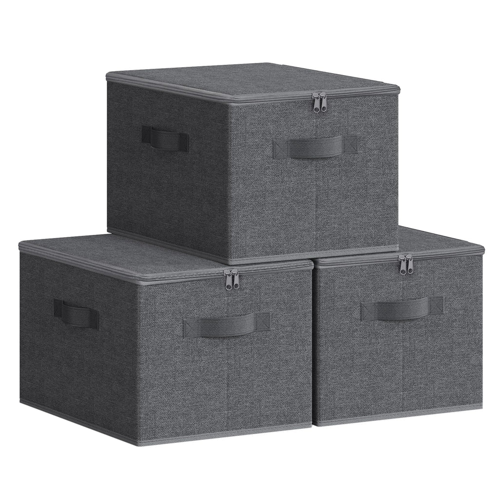 SONGMICS Foldable Storage Organizer Boxes, Set of 3 Storage Basket Bins with Lids, Handles, Clothes Organizer, 15.7 x 11.8 x 9.8 Inches, Non-Woven Fabric, Slate Gray URYZB03G