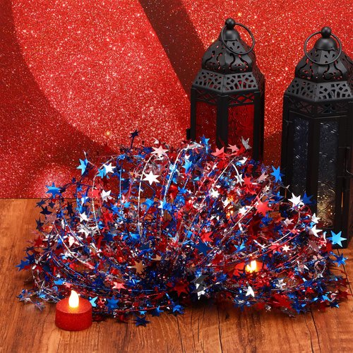 Shappy 6 Rolls Patriotic Garlands Star Wire Tinsel (24.6 Feet Per Roll) Red White and Blue 4th of July Party Decorations Independence Day Memorial Outdoor Indoor for Wreath Making