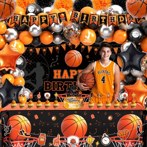 Basketball Birthday Party Decorations, Basketball Themed Party Decorations Supplies Include Balloon Arch Kit Banner Cake Topper Backdrop for Boys Sports Birthday Decor
