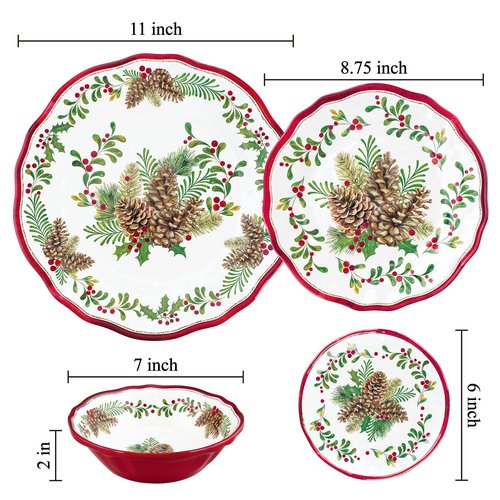 UPware 16 Piece Pinecones Melamine Dinnerware Sets, Outdoor Dishes Set, Plates and Bowls Sets, Christmas Decorations, Service for 4, Red