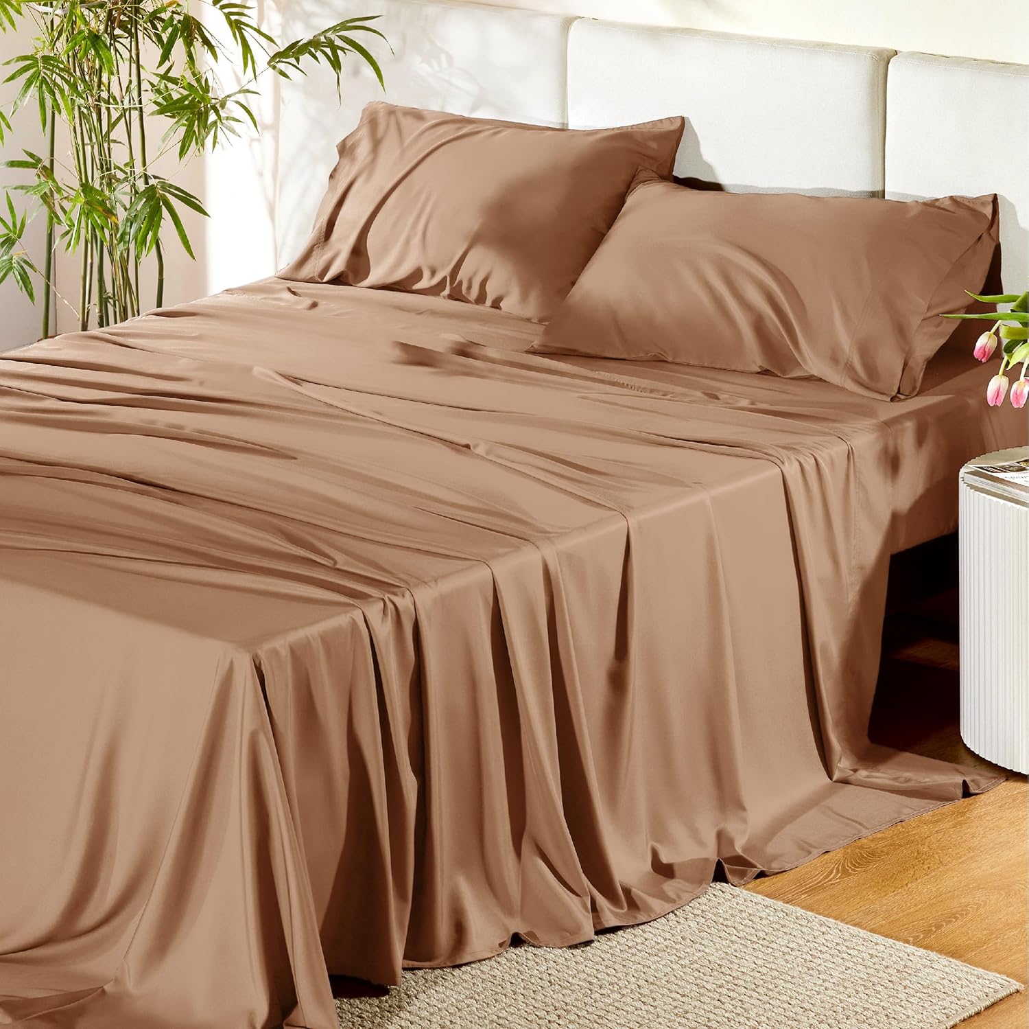 Bedsure Queen Sheet Set - Cooling Bamboo Sheets | Breathable & Soft, Deep Pocket Up to 16 Inches, Khaki
