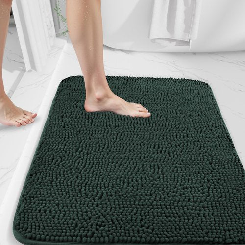 watthourhome Chenille Bathroom Rug Extra Soft Absorbent Quick Dry Machine Washable Non-Slip Bath Mat for Tub Shower and Bathroom Floor Plush Shaggy Home Decor 24"x16" Green