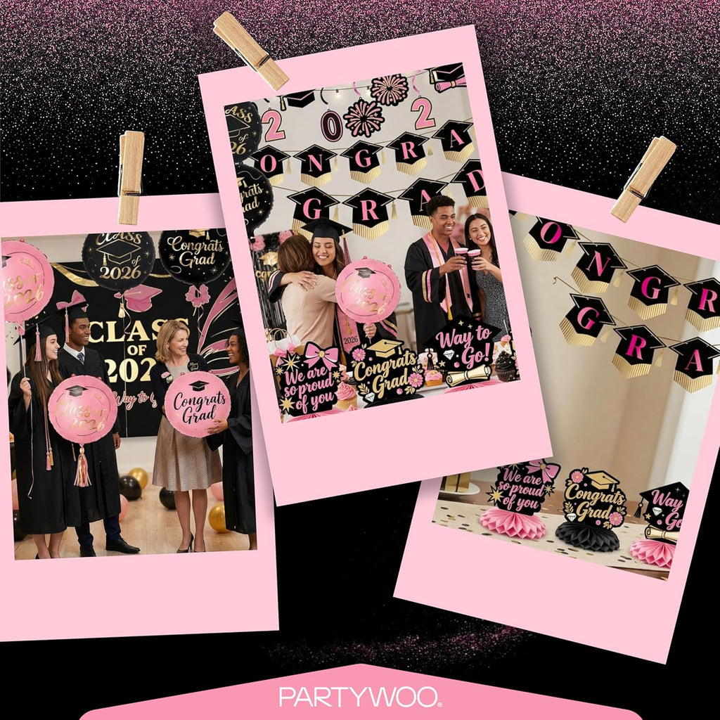 PartyWoo Graduation Decorations - Class of 2026 Black, Gold & Pink 19-Piece Set with Congrats Banner & Balloons