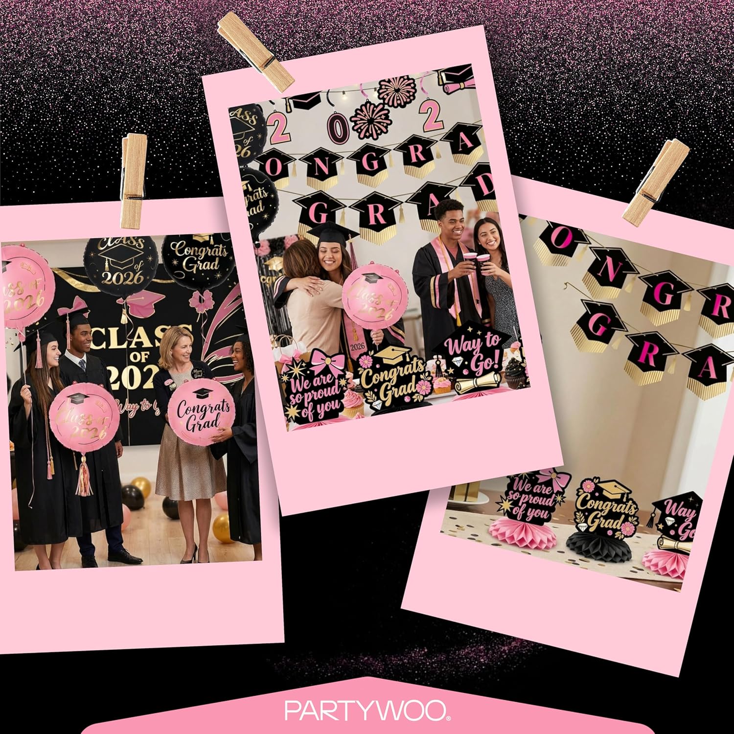 PartyWoo Graduation Decorations - Class of 2026 Black, Gold & Pink 19-Piece Set with Congrats Banner & Balloons
