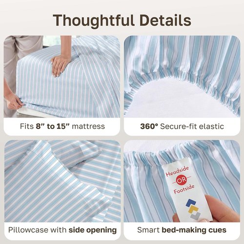 California Design Den 100% Cotton Twin Size Sheets Set - 400 Thread Count, Award-Winning Sateen Finish, Cape Stripe Blue