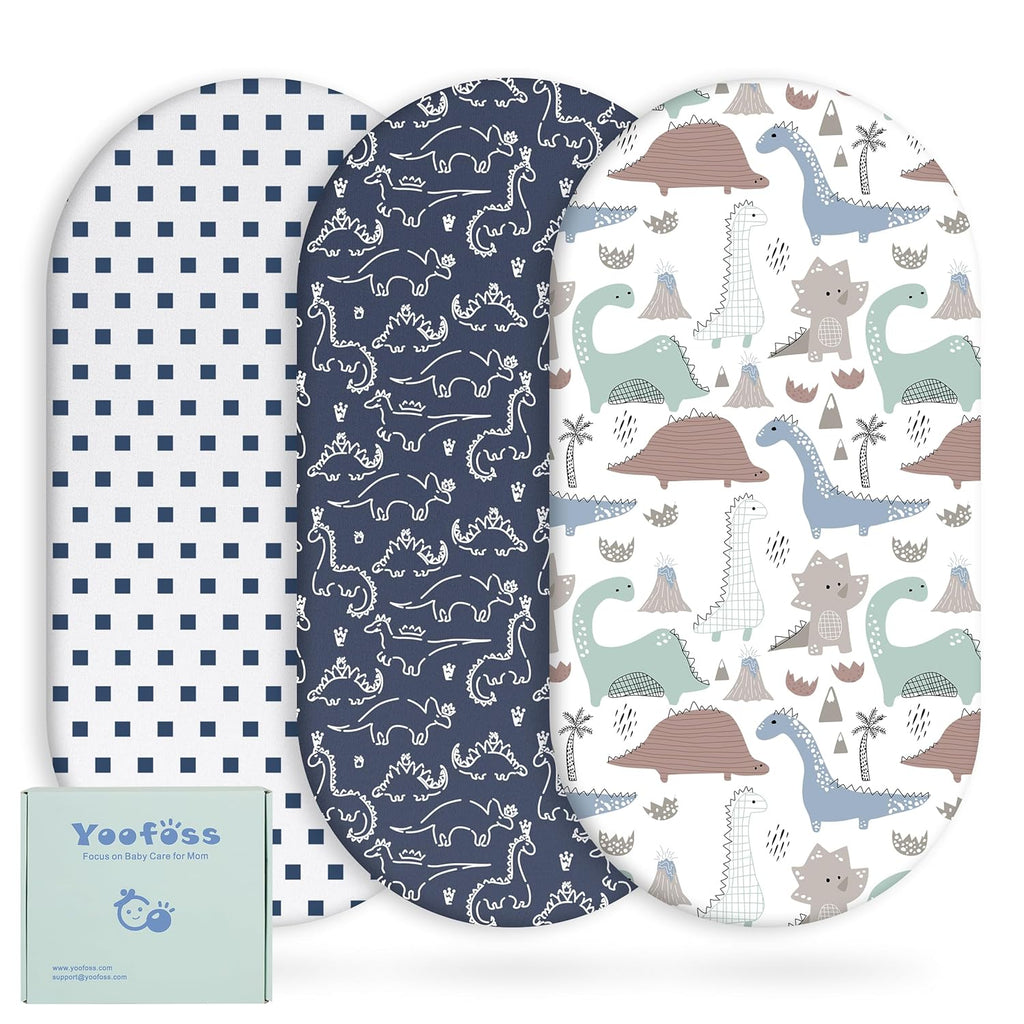 Yoofoss Bassinet Sheets - 3-Pack Fitted Sheets for Halo Bassinest & More | Soft, Breathable, Dark Blue & Dinosaurs