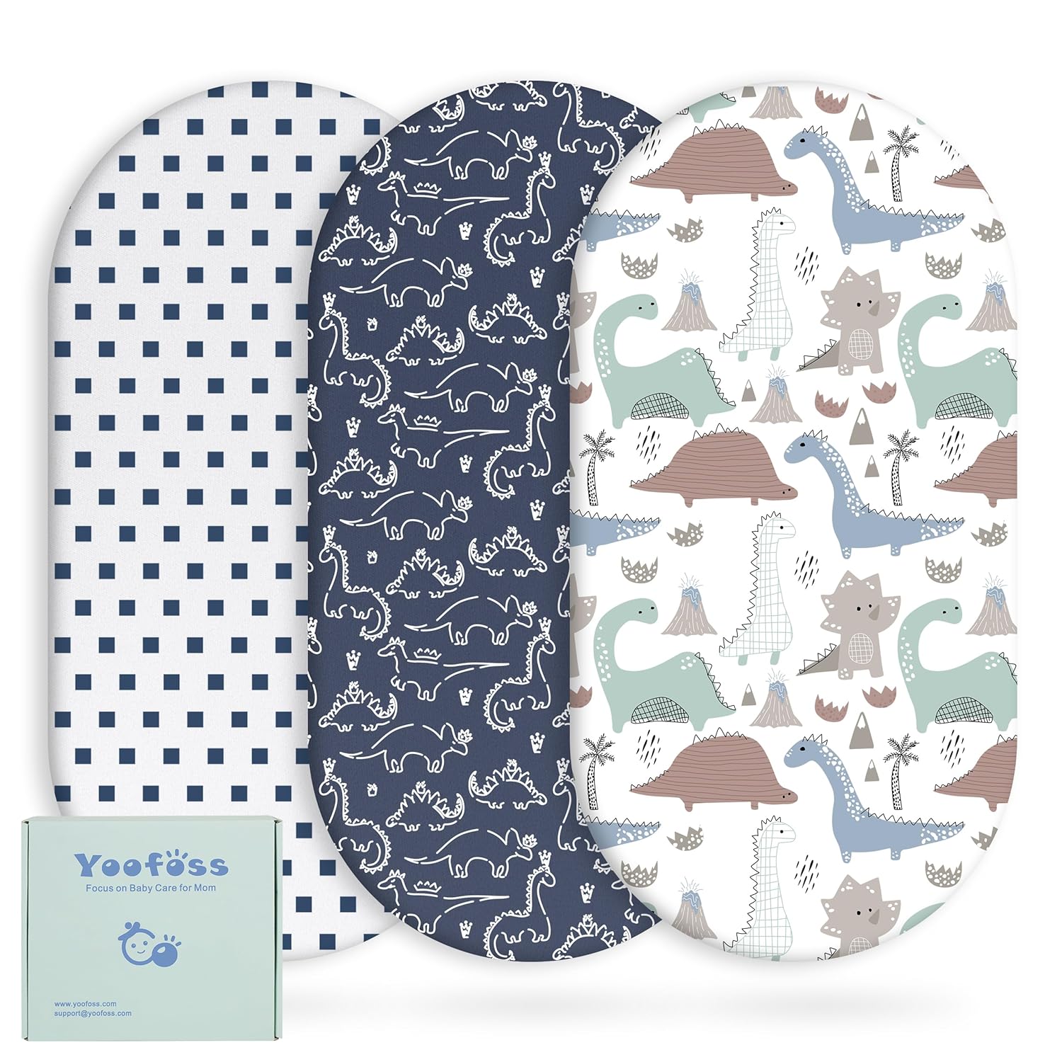 Yoofoss Bassinet Sheets - 3-Pack Fitted Sheets for Halo Bassinest & More | Soft, Breathable, Dark Blue & Dinosaurs