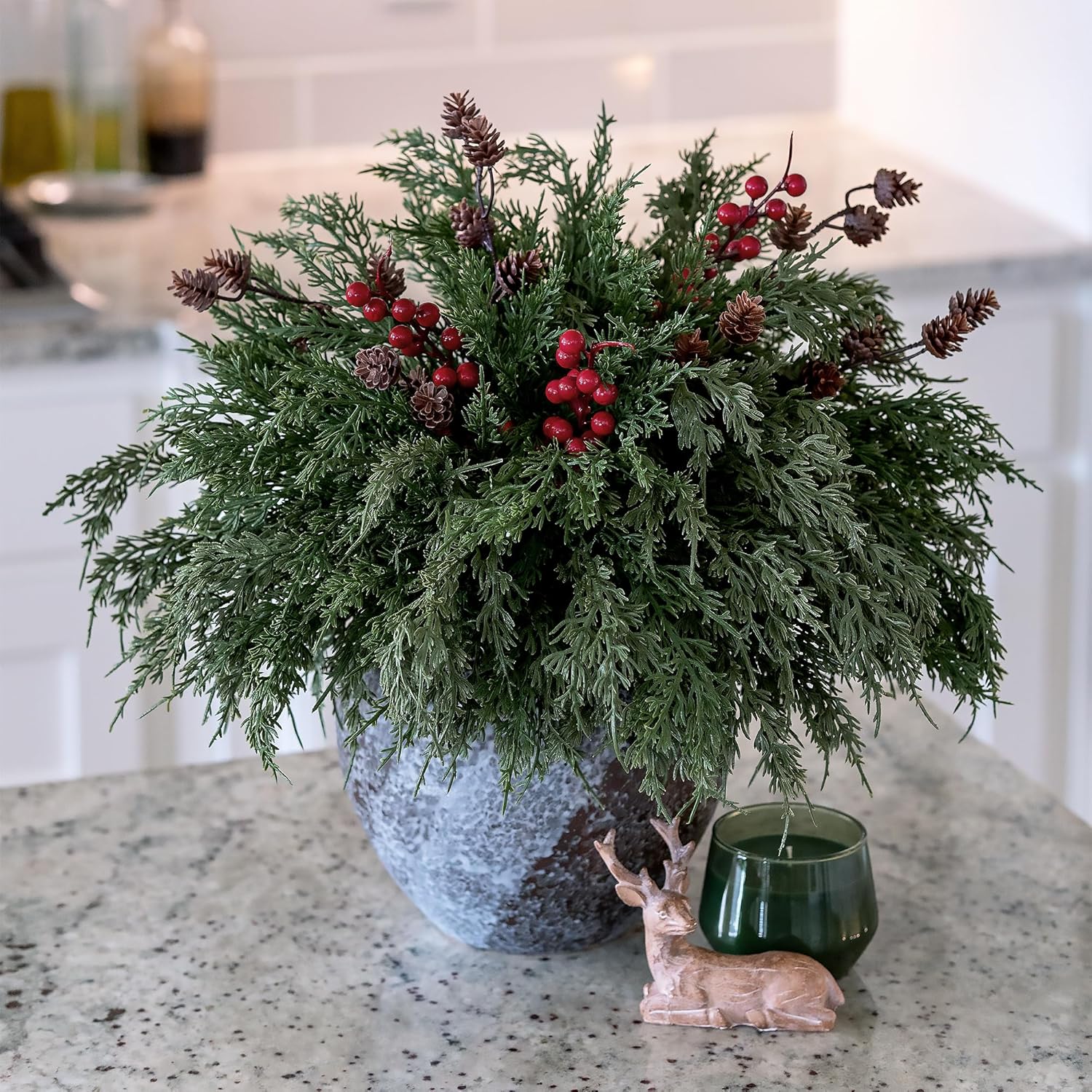 Norfolk Pine Faux Cedar Stems - 17 PCS Realistic Greenery with Pinecones & Red Berries for Christmas Decor