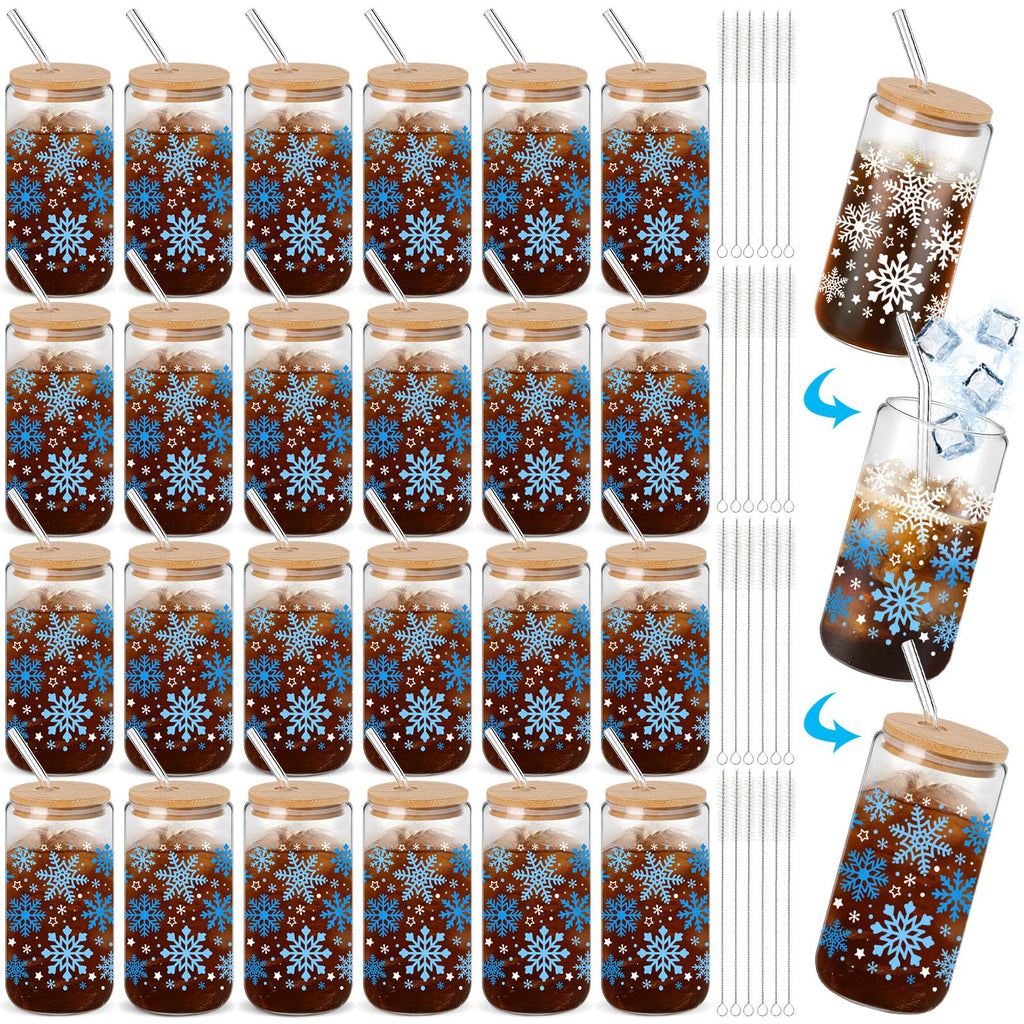 Yetene 24 Pack Snowflake Glass Cups Gifts 16 oz Color Changing Winter Glass Tumblers with Lids Straws Brushes Snowflake Lights Iced Coffee Cups for Women Men Employee Coworkers Holiday Party Favors