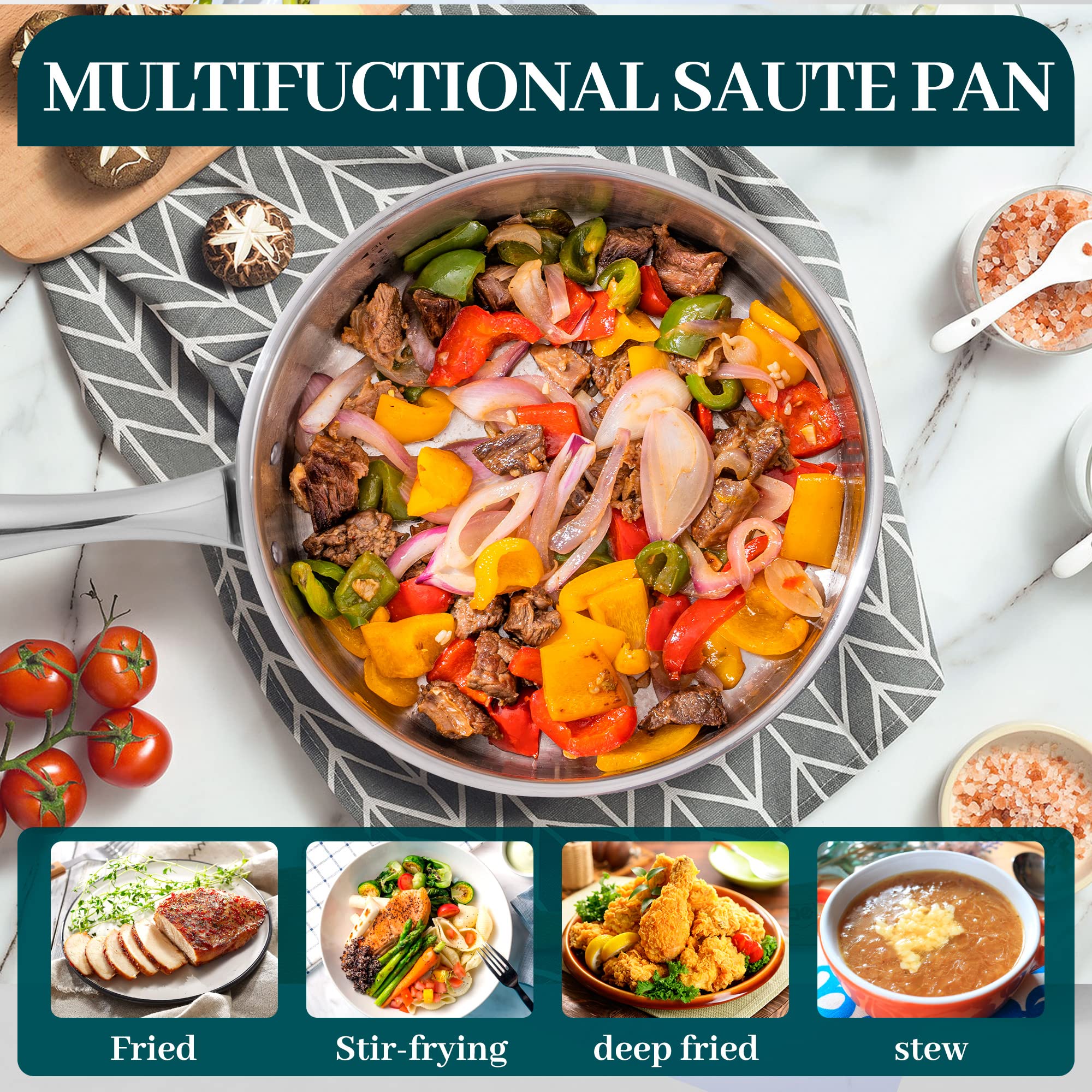 DELUXE 12 Inch Stainless Steel Skillet Frying Pan, Large Pan with Lid and Stay-Cool Handle, 5qt Deep Sauté Pans for Deep-Fry Braise Stew, Multipurpose Cooking Pot for Induction Gas Stove