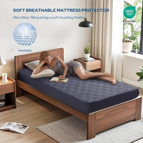 BEDLORE Waterproof Mattress Protector - Twin XL Size with Deep Pocket for 6"-15" Depth - Soft Navy Blue Cover