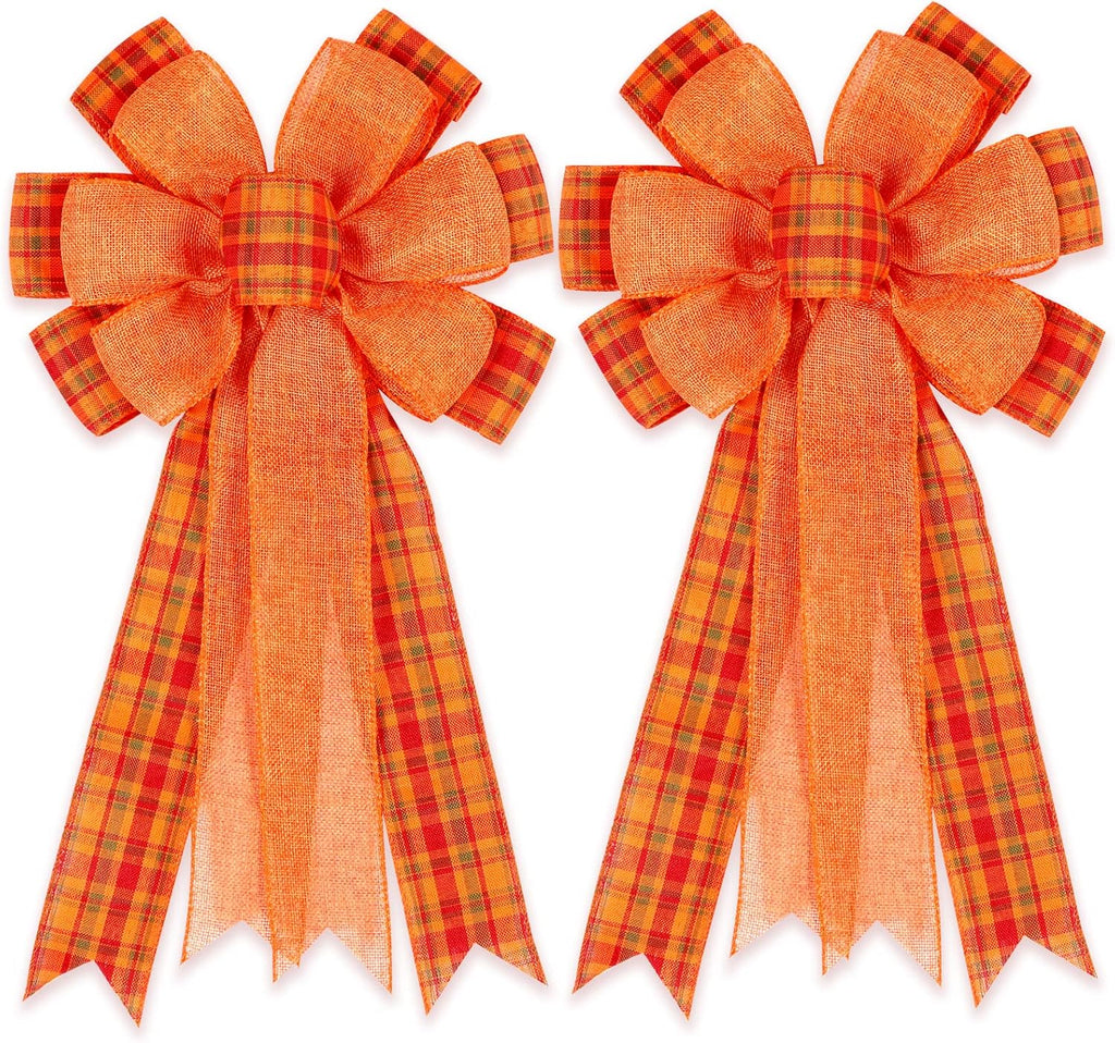 Skiennix Fall Bows - 2 Pack Halloween & Thanksgiving Wreath Decorations | Orange Buffalo Plaid