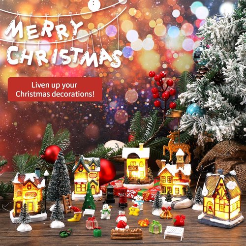 Barydat Christmas Village Figurines Set - 60 LED Lighted Mini Houses for Holiday Decor