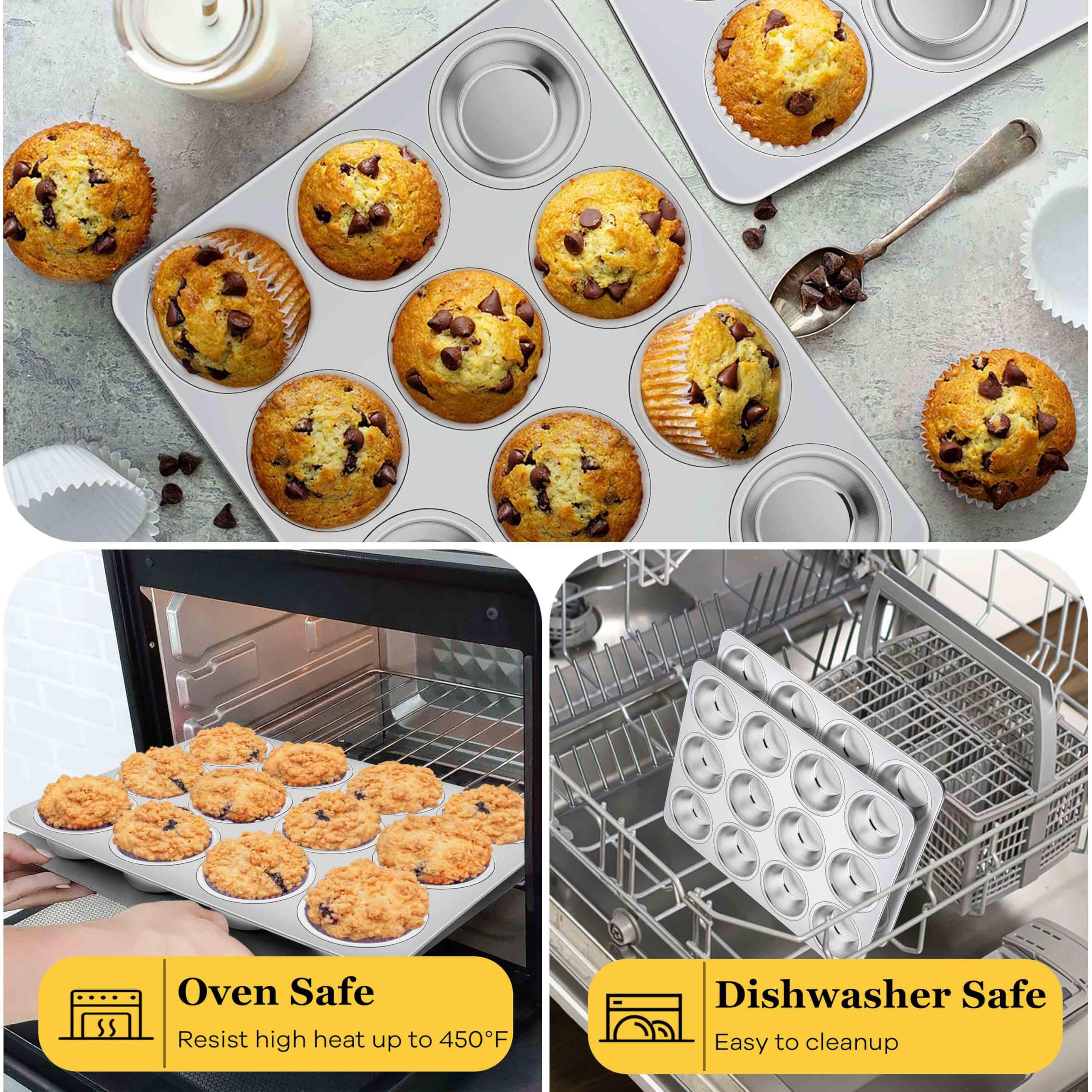 Homikit 2 Pack Muffin Pan, Stainless Steel Cupcake Tin with 12 Cups Regular Size, 13.8" x 10.4" Nonstick Metal Egg Bites Tray for Oven Baking, Non Toxic & Rust Free, Easy Release & Dishwasher Safe