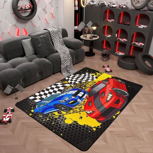 Racing Car Rug,Cartoon Street Style Graffiti Sports Cars Indoor Floor Mat for Kids Boys Girls Youth,Speeding Game Carpet,Extreme Sports Bedroom Rug Living Room,Bedside,Playroom Decor,3x5