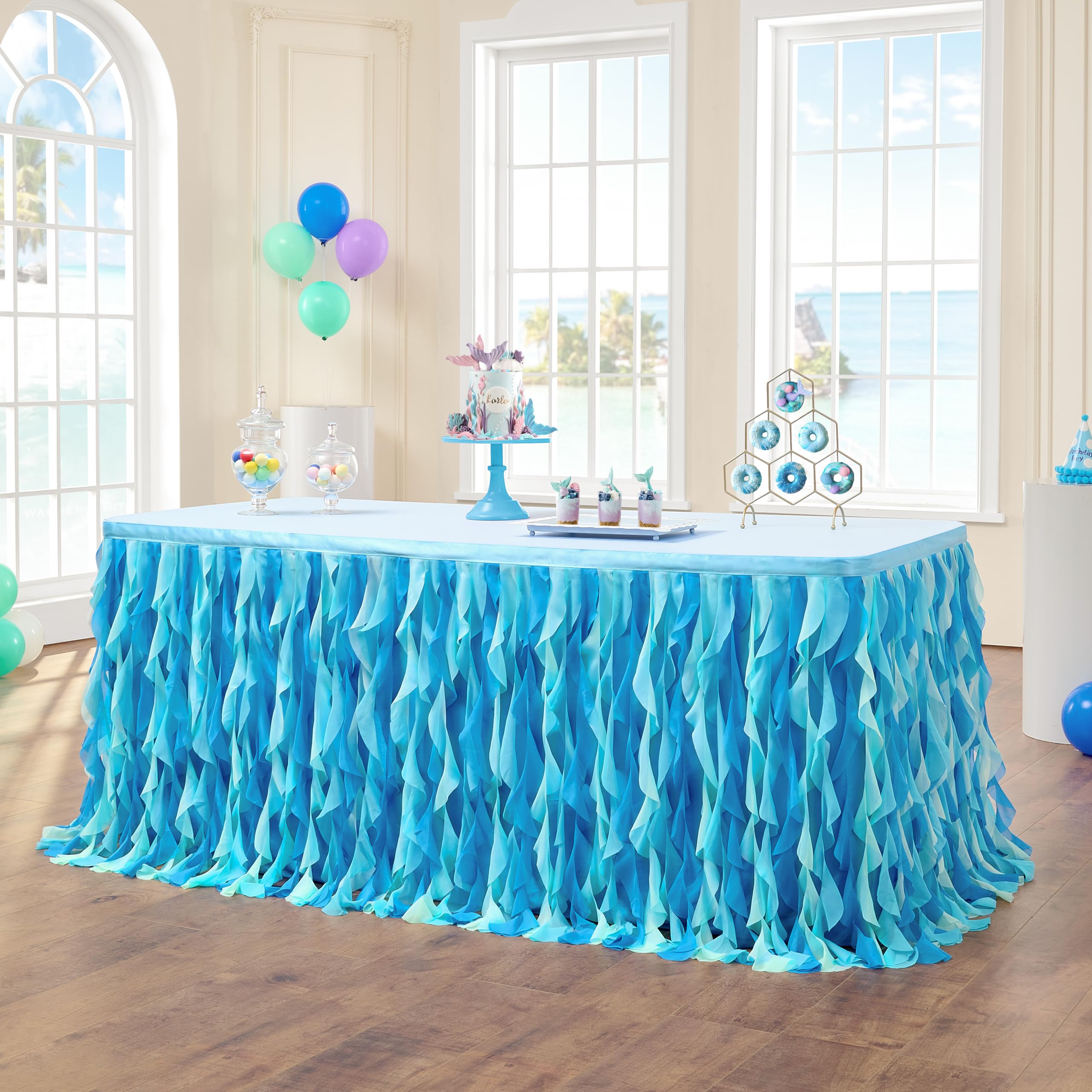 leegleri 108in Tulle Ruffle Curly Willow Table Skirt for 4/6/8FT Tables, Under The Sea Ocean Blue Baby Shark Themed Tutu Table Skirt for Baby Shower, Birthday Party