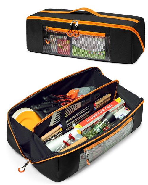 Marscamd 22” Grill Tool Storage Bag with Dual Inner Compartments, Wide-open Grill Utensil Storage Bag for Grill, Griddle and Barbecue Tools, Black (No Accessories)