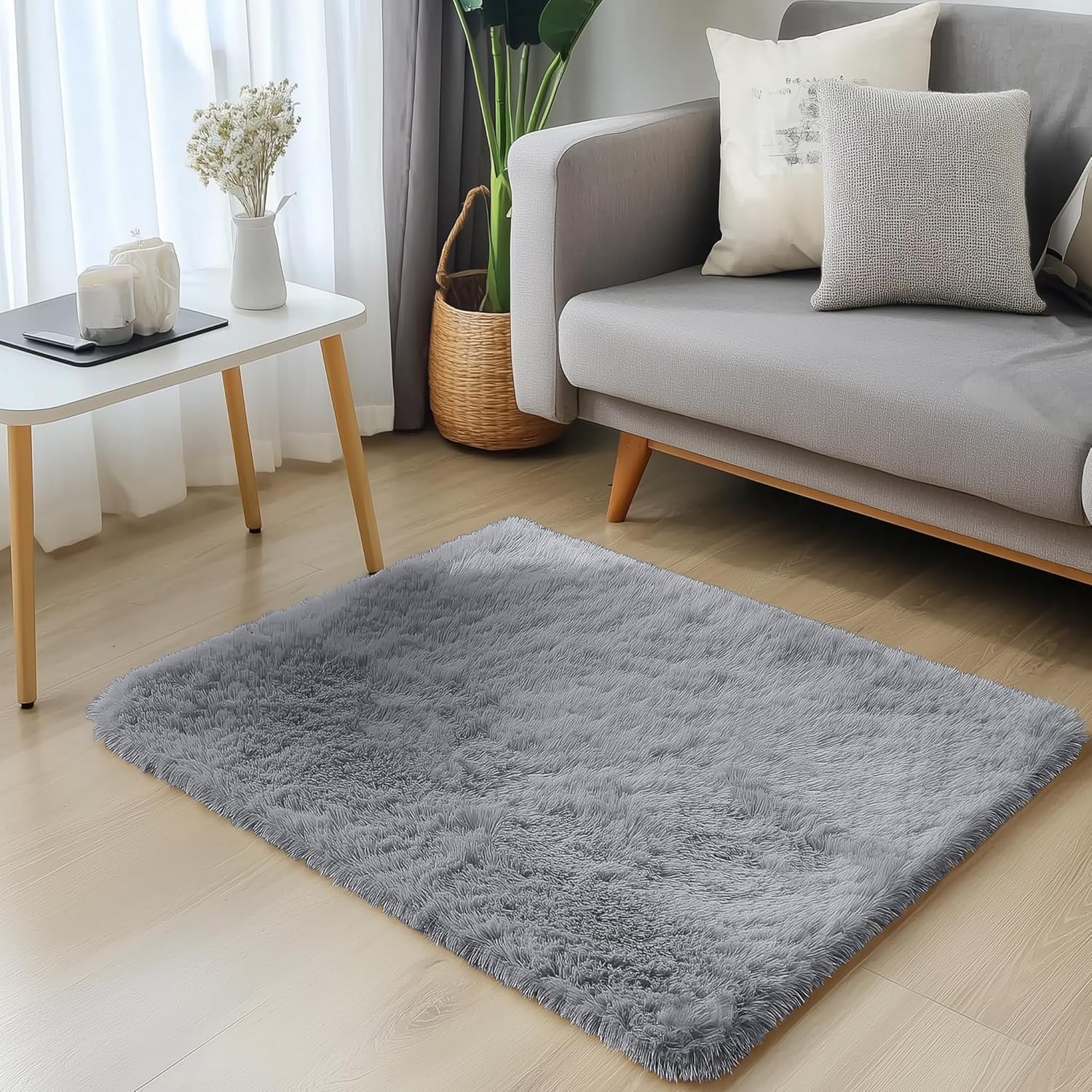OLANLY Soft Fluffy Shaggy Bedside Rug - Machine Washable 2x3 ft Light Grey Carpet for Kids & Nursery