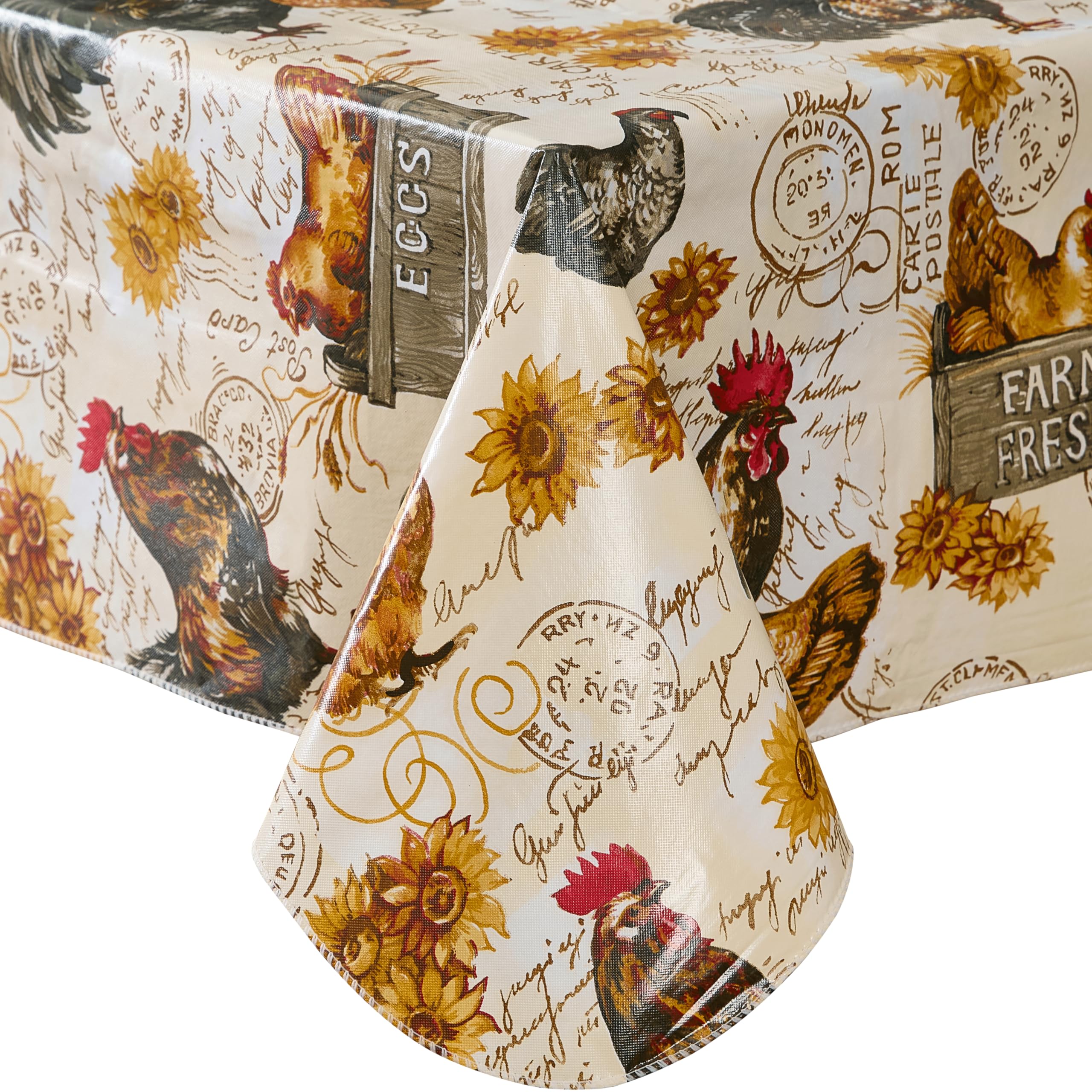 Newbridge Farm Fresh Rooster Rectangle Vinyl Flannel Backed Tablecloth, 60 x 102 Inch, Indoor Outdoor Vinyl Table Cloth, Roosters and Hens