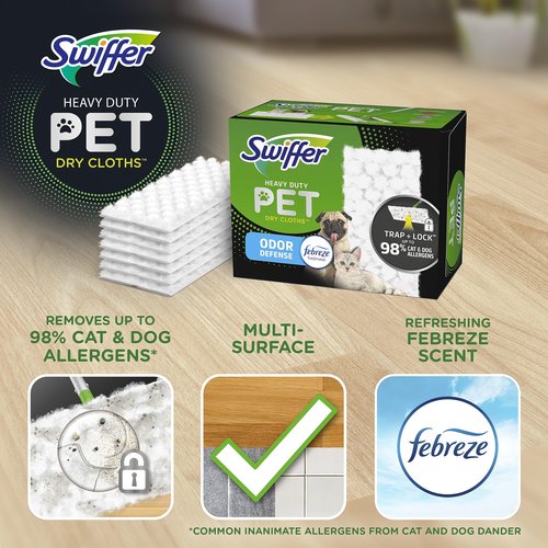 Swiffer Sweeper Pet Heavy Duty Dry Multi-Surface Cloth Refills for Floor Sweeping and Cleaning, Febreze Freshness, 10 Count