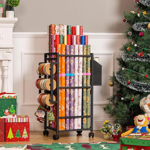 Aquzee Gift Wrapping Paper Organizer - Vertical Storage Cart with 9 Adjustable Rods & 12 PCS Slap Bands | Black