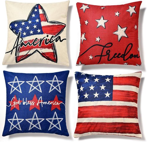 Hongsome Throw Pillow Covers - Patriotic 18x18 Inch Set of 4 for Independence Day & Memorial Day | Red, White & Blue