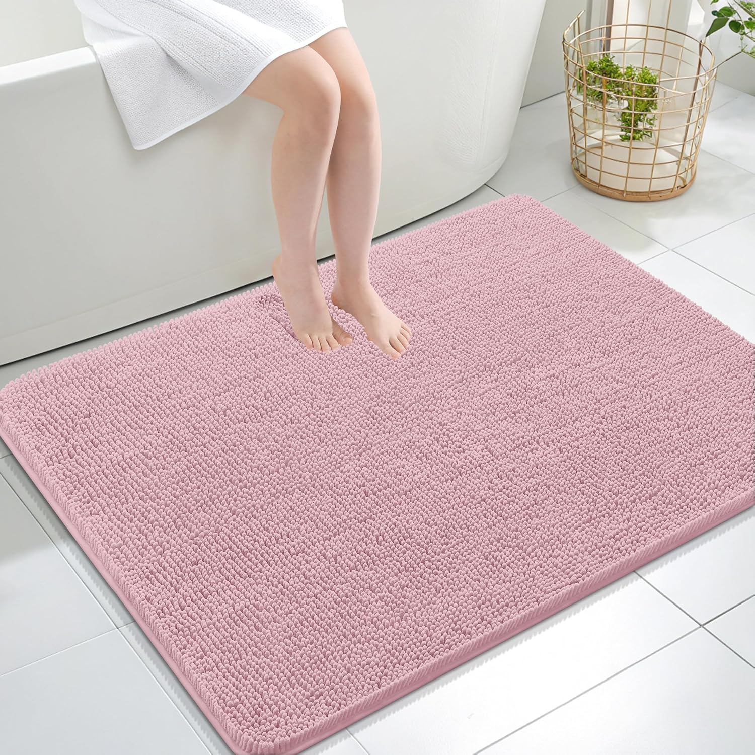OLANLY Large Bath Rugs - Extra Soft Chenille, Quick-Dry Rubber Backing, Machine Washable | Dusty Rose 40x32