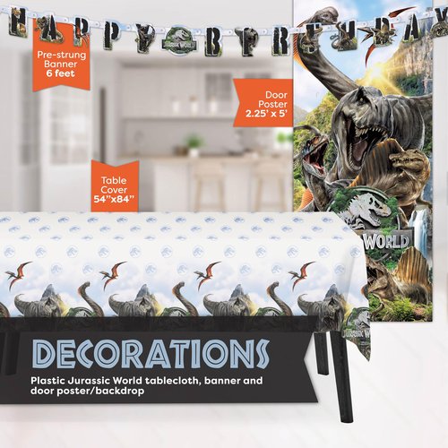 Jurassic Park Birthday Decorations for 16 | Door Poster Backdrop, Banner, Tablecloth, Plates, Napkins | Officially Licensed Jurassic World Party Decorations