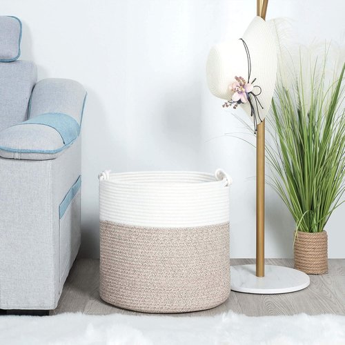 MINTWOOD Design Woven Cotton Rope Storage Basket - 15 x 14.2 Inches | Versatile Light Brown Toy & Laundry Bin