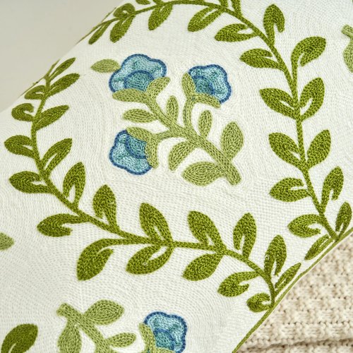 HOMFREEST Floral Embroidered Decorative Throw Pillow Covers 12x20 Inch Spring Blue Flower Green Leaf Pillows Farmhouse Patio Cushion Cases for Sofa Couch Home Bed