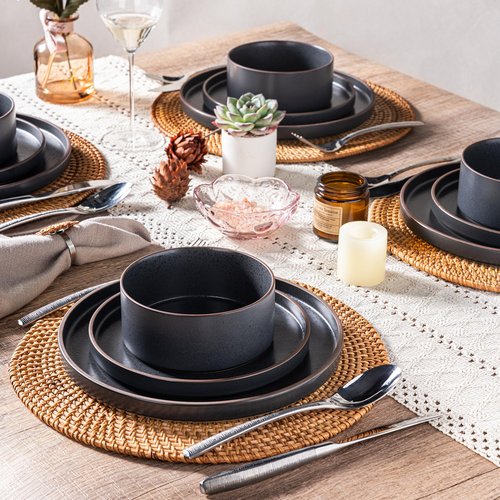 LERATIO Ceramic Dinnerware Sets for 6, High Edge Stoneware Plates and Bowls Set, Chip and Crack Resistant | Oven & Dishwasher & Microwave Safe Dishes Set, Service for 6 -Ashen