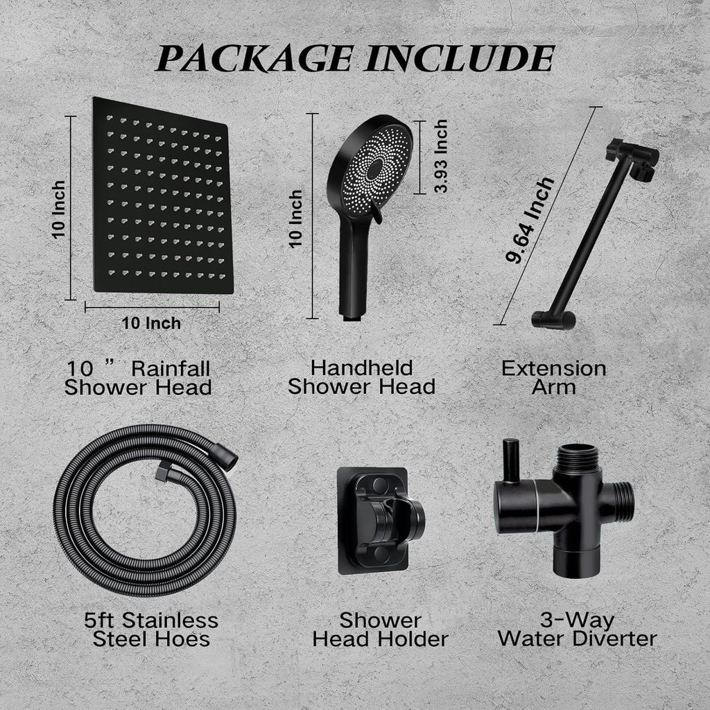 Skiennix 10” Rain Shower Head - High Pressure Handheld Spray Combo with Adjustable Arm | Matte Black