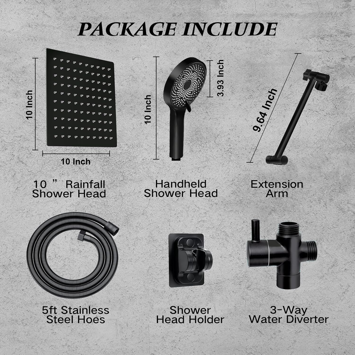 Skiennix 10” Rain Shower Head - High Pressure Handheld Spray Combo with Adjustable Arm | Matte Black