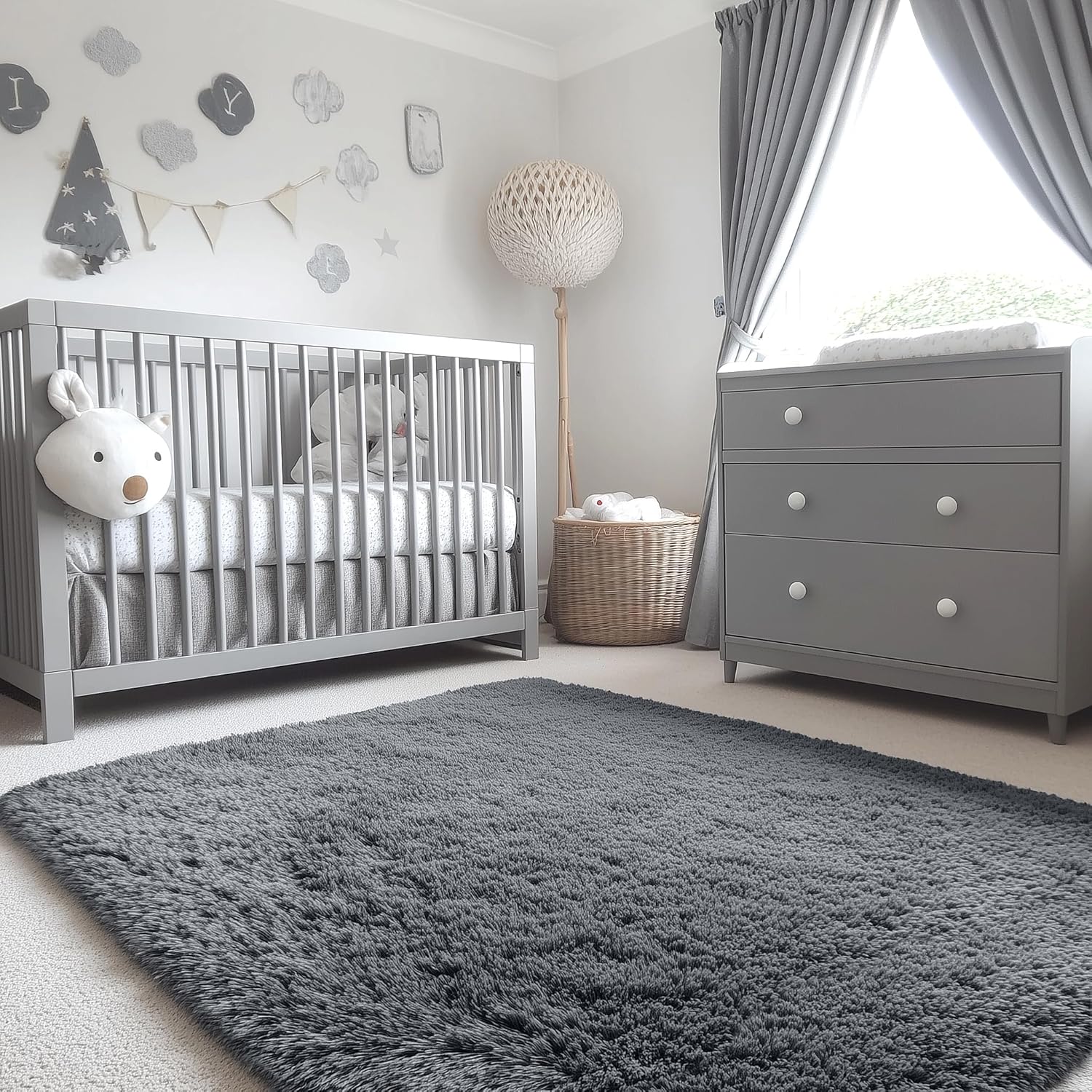 OLANLY 4x4 Soft Fluffy Shaggy Accent Rug - Machine Washable Indoor Carpet for Bedroom & Nursery | Grey