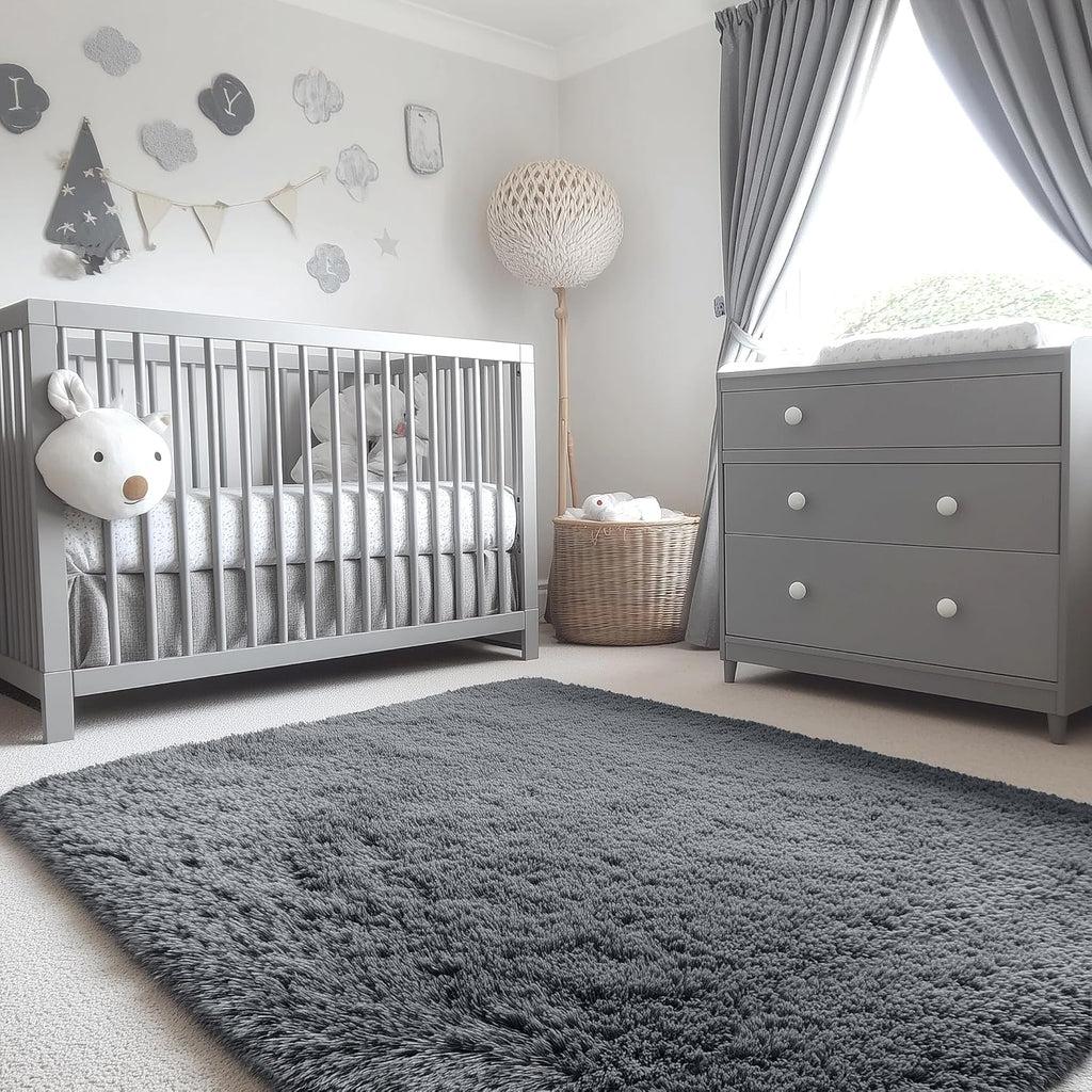 OLANLY Soft Fluffy Shaggy 3x5 Bedside Rug - Machine Washable Indoor Carpet for Kids & Nursery | Grey