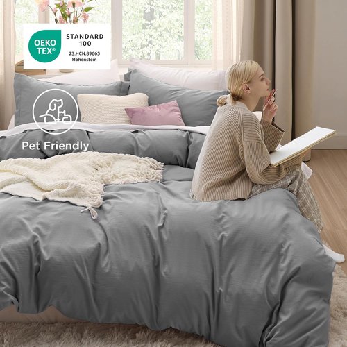 Bedsure Grey Duvet Cover Set - Soft Prewashed Cotton-Like Polyester | Queen Size 3 Pieces with Zipper Closure (90x90 inches)