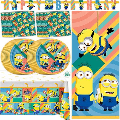 Minion Birthday Party Decorations | Serves 16 | Banner, Tablecloth, Door Poster Photo Backdrop, Plates and Napkins | Officially Licensed