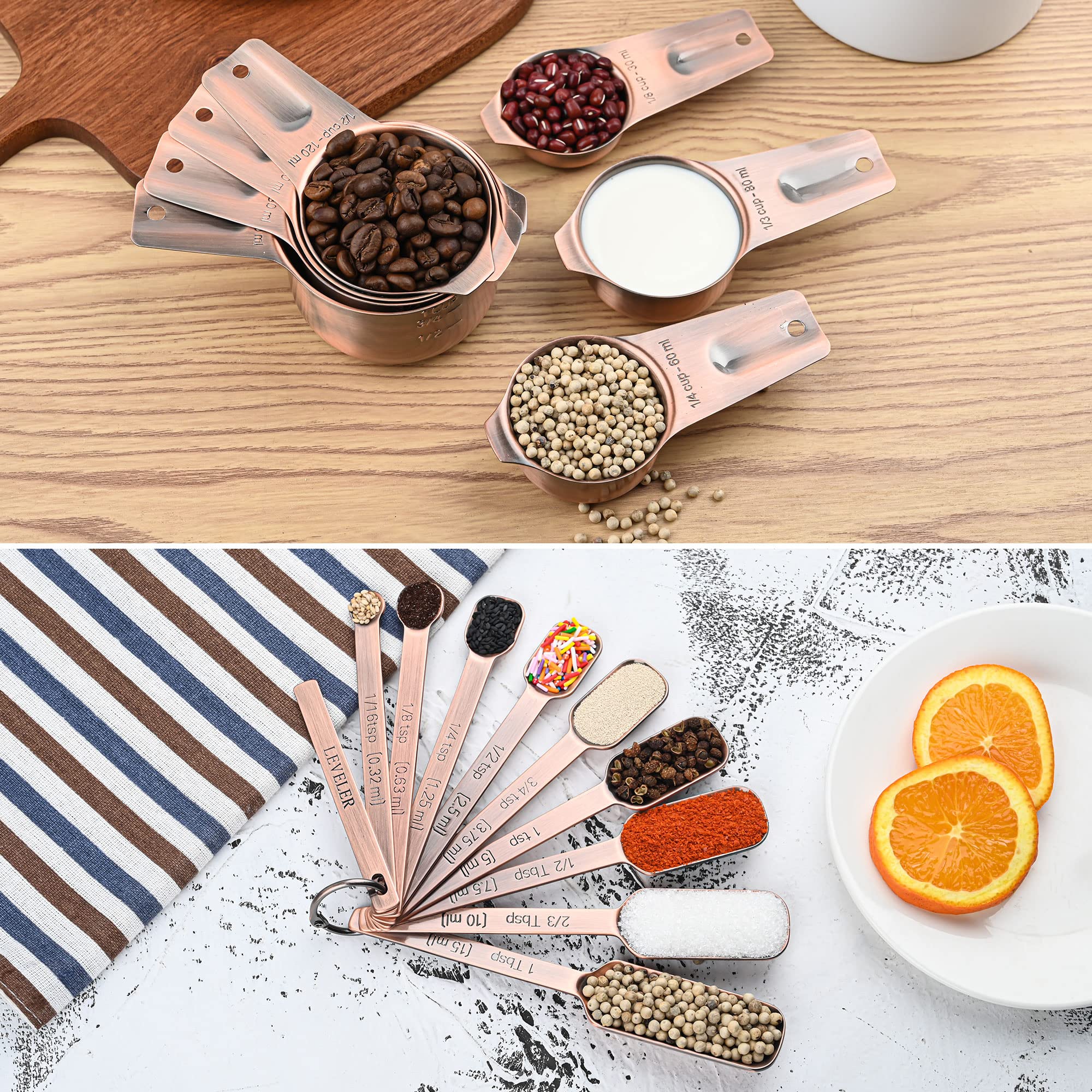 Smithcraft Copper Measuring Cups Set 7, Metric & US Stainless Steel Measuring Cups for Kitchen & Baking, Metal Measure Cups for Dry & Liquid, Nesting Measuring Cup Set with 1/8 2/3 & 3/4 Cups