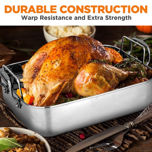 NutriChef Premium Stainless Steel Roasting Pan with Rack – Heavy‑Duty 14″ Turkey Roasting Pan for Turkey, Chicken & Meats (Wide Handles, Dishwasher Safe)