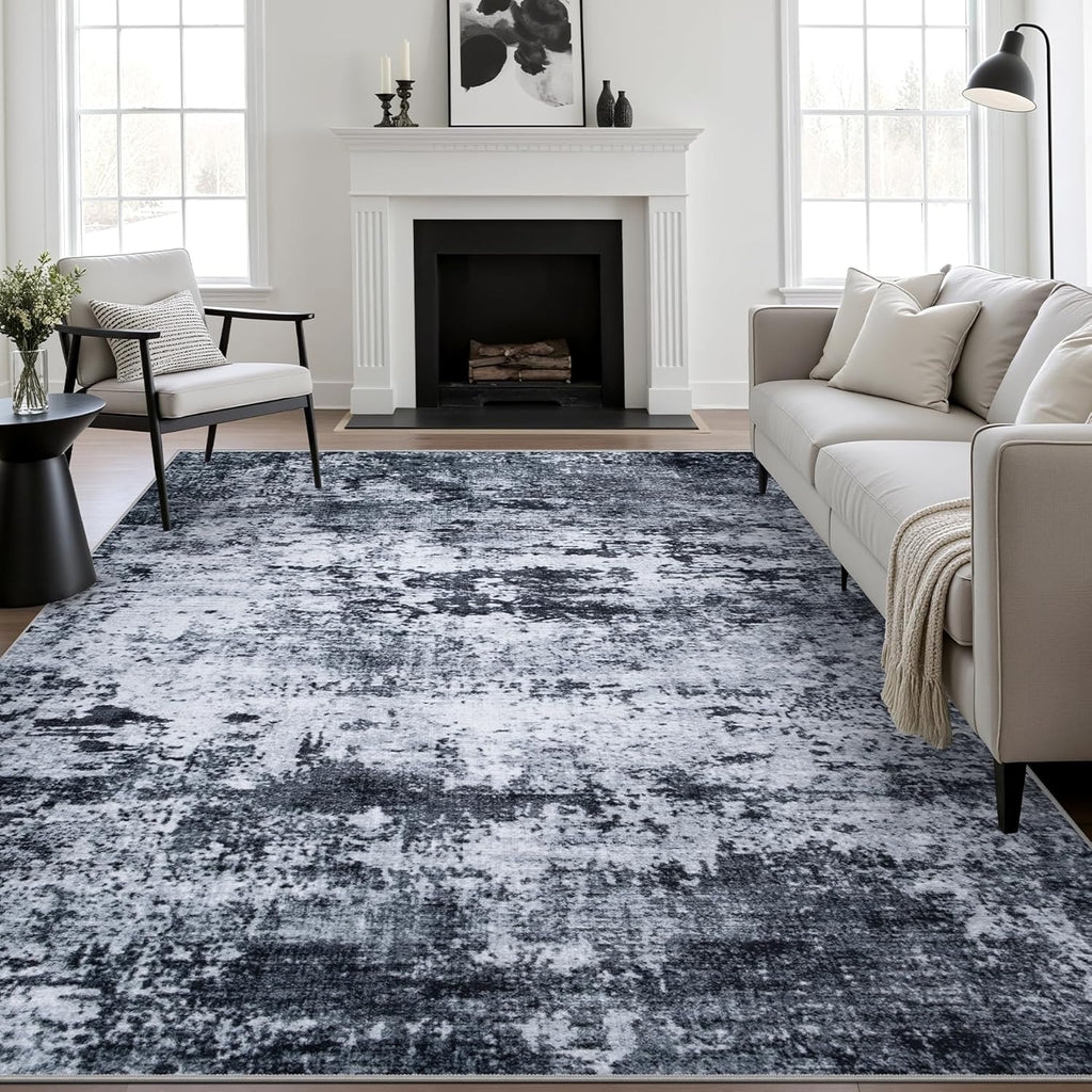 Skiennix 5x7 Area Rug - Washable Modern Abstract Design | Soft, Stain-Resistant Carpet for Living Room, Bedroom, Office - Black
