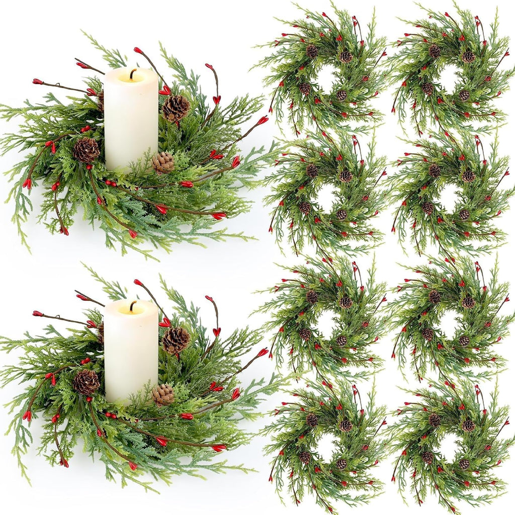 Skiennix 8 Pcs Artificial Christmas Candle Rings - 9 Inch Cedar Pine Garland Wreaths with Red Berries & Pinecones for Winter Table Centerpiece
