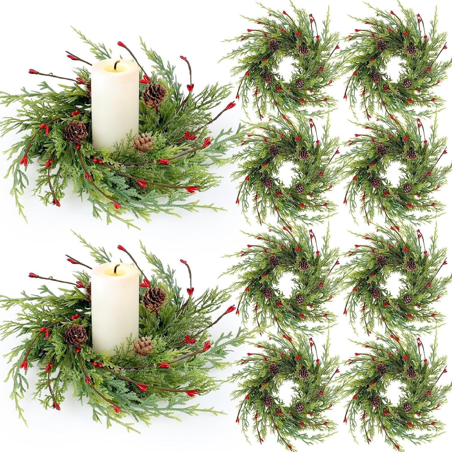 Skiennix 8 Pcs Artificial Christmas Candle Rings - 9 Inch Cedar Pine Garland Wreaths with Red Berries & Pinecones for Winter Table Centerpiece